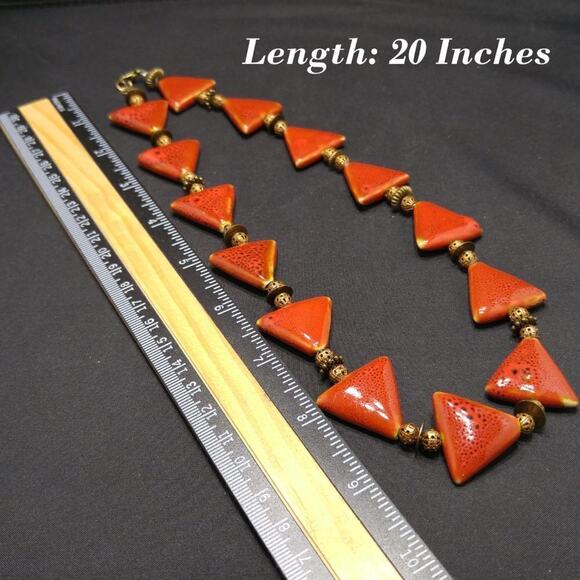 Artisan Ceramic Triangle Bead Necklace Red Orange with Copper Filigree Accents - Picture 4 of 7